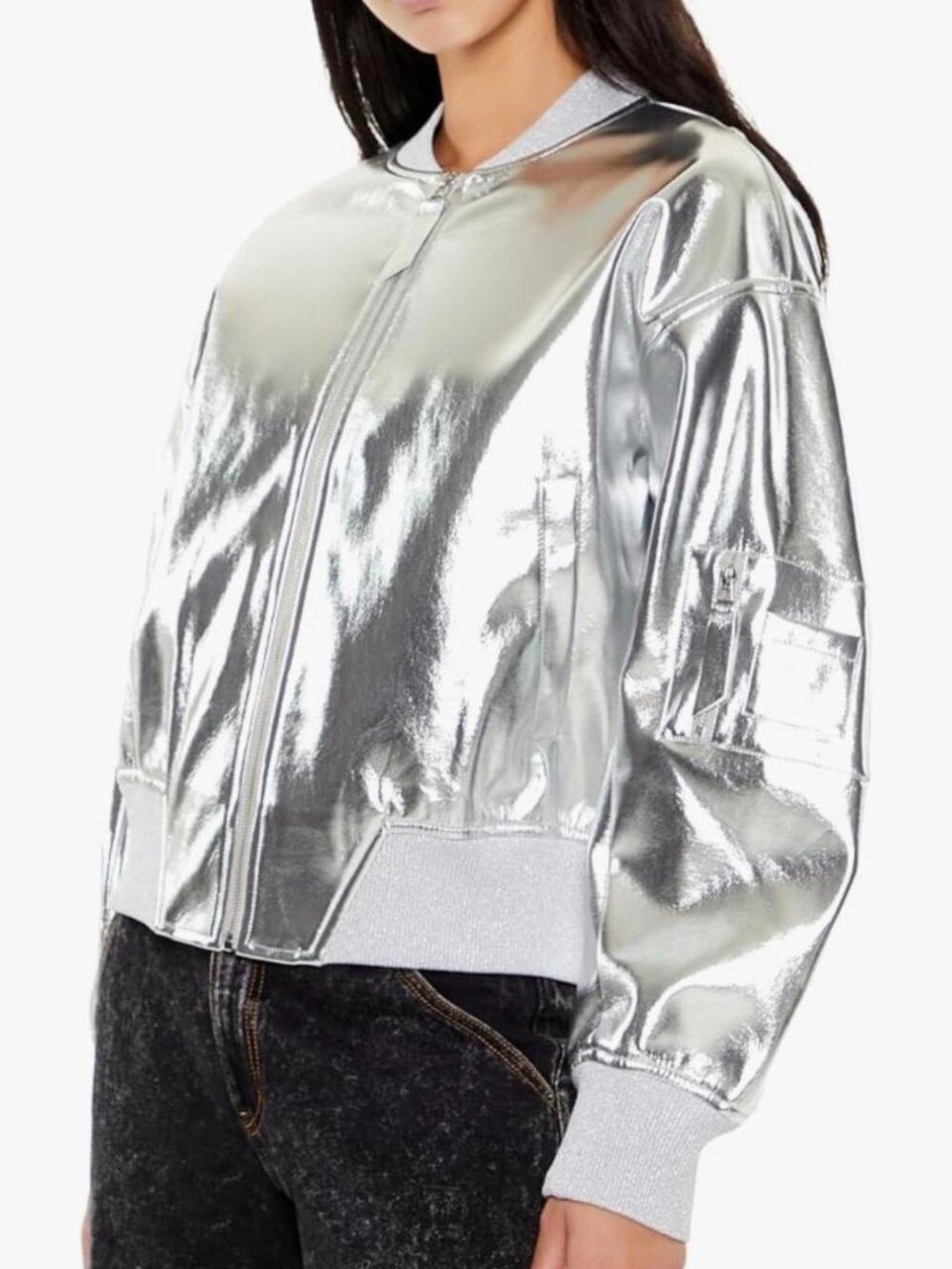 Super shine super metallic Women's Silver astronaut metallic bomber Jacket